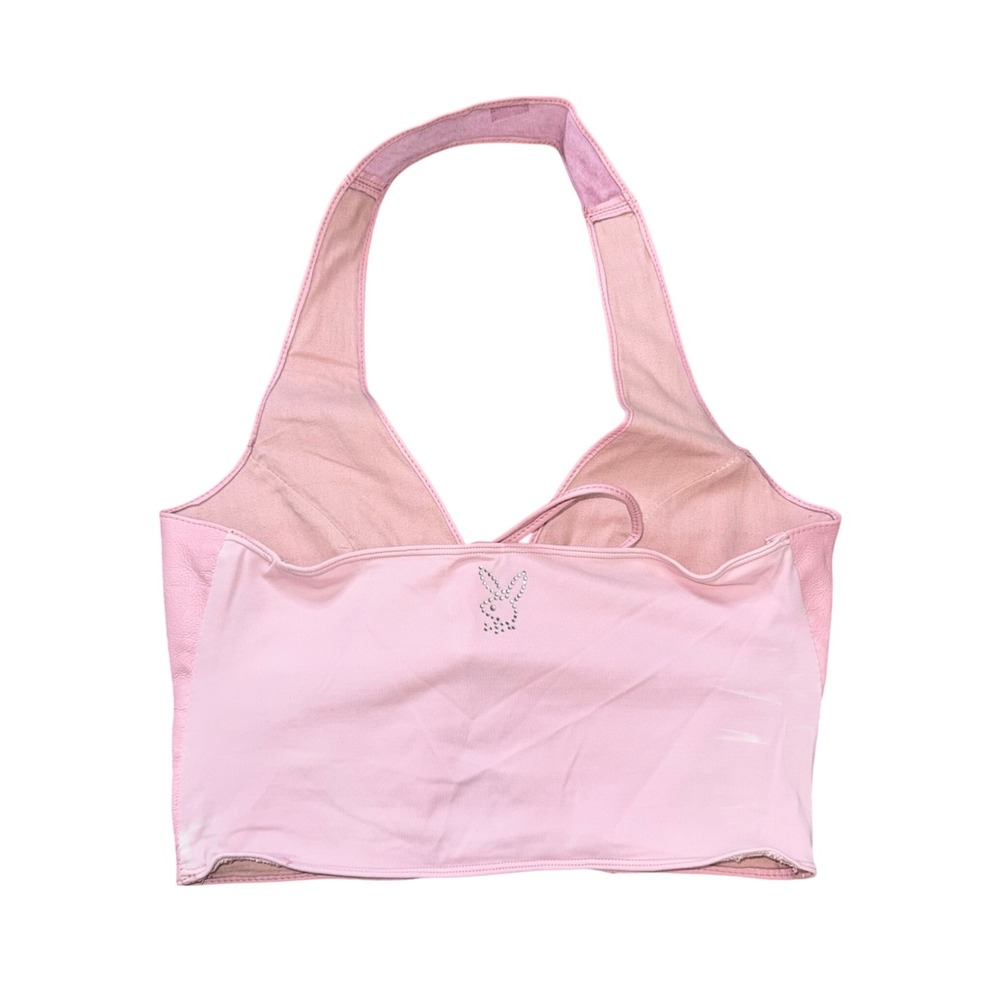Playboy Leather Skirt Set Womens Large Pink Excellent Y2K Lace Up Halter 2pc - Picture 11 of 15